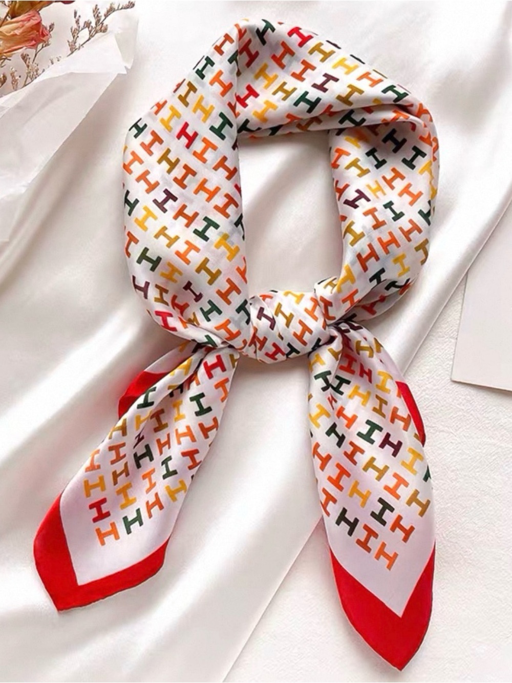 Silk-Feel White Multicolor H Pattern Neck Scarf - Red Trim